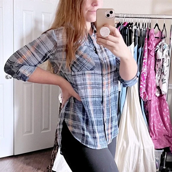 Blue Plaid Button Down Shirt Blouse Semi Sheer Roll Tab Sleeve Women Small New - Picture 2 of 8
